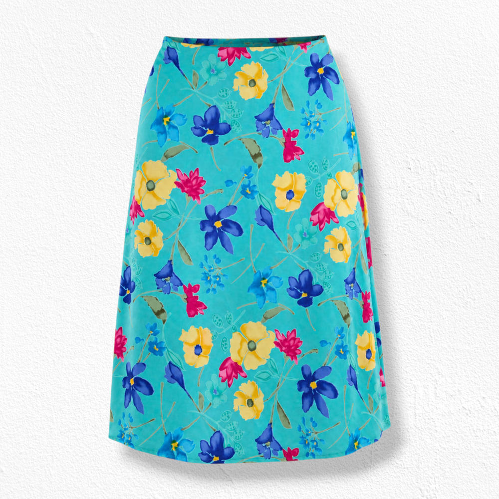 Vintage 90s Teal Floral Gina Peters USA Made Tropical Midi Skirt Size Large